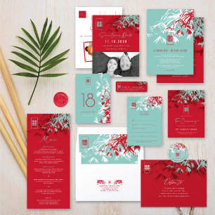 Red & Turquoise Bamboo Leaves Shuang Xi Wedding Table Number