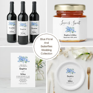 Blue Watercolour Floral Butterflies Wedding Invitation