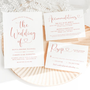 Modern Rose Gold Heart Calligraphy Script Wedding RSVP Card