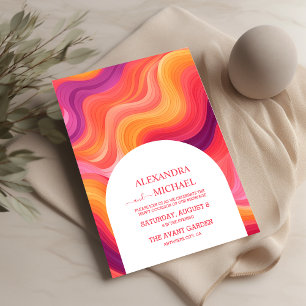Groovy Retro Pink and Orange Arch Wedding All In One Invitation