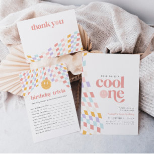 Cool One Girl's First Birthday Checkered Retro Invitation