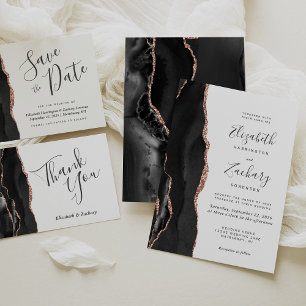 Modern Black Rose Gold Agate Wedding Invitation