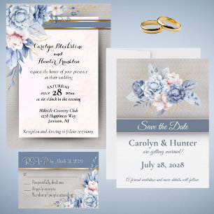 Blue and Pink Flowers on Pink & Gray Wedding Invitation