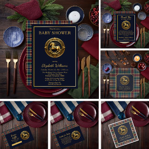 Preppy Equestrian Rocking Horse Plaid Baby Shower Invitation