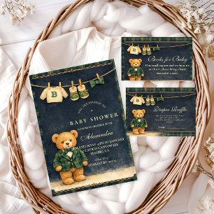 Preppy Teddy Bear Plaid Baby Shower Invitation