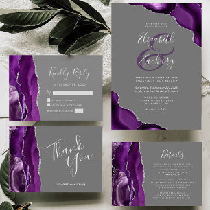 Purple Silver Agate Corners Gray Wedding Invitation