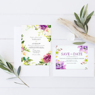 Purple Pink Peach Floral Watercolor Wedding Invite