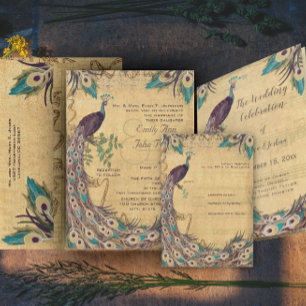 Damask Peacock Elegance Eggplant Gold and Aqua Invitation