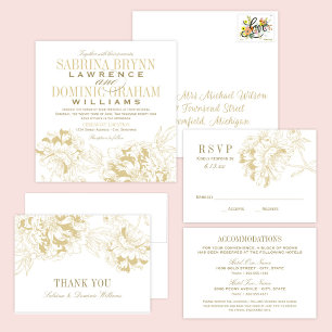 Elegant Gold Floral Peony Wedding Monogram Thank You Card