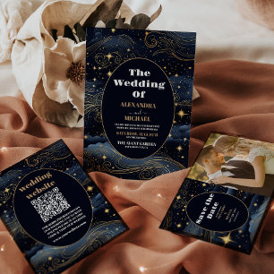 Celestial Midnight Blue Stars Moon Wedding Invitation
