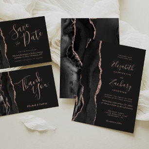 Chic Black Rose Gold Agate Dark Wedding Details Enclosure Card