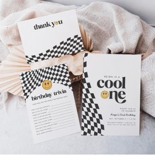 Cool One Boy's First Birthday Checkered Retro Invitation