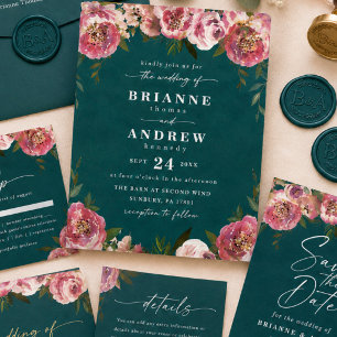 Blooming Chic Deep Teal Green Floral Wedding Invitation