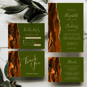 Burnt Orange Agate Olive Green Wedding Invitation