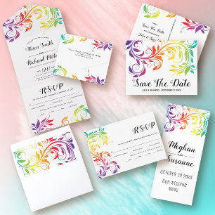Rainbow colors scroll leaf lesbian winter wedding Tri-Fold invitation