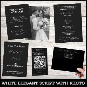 Elegant White Script   Happy Couple Photo Black Invitation