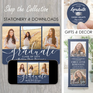 4 Photo Graduation Collage Script Navy Blue White Announcement