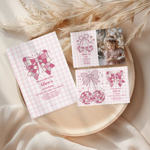 Retro Photo Cute Pink Bow Coquette 1st Birthday Thank You Card