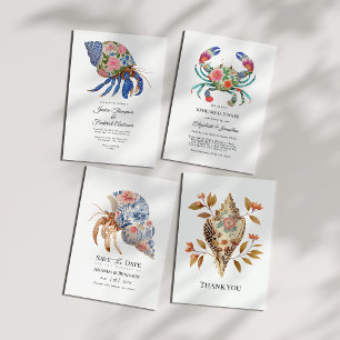 Floral Hermit Crab Coastal Beach Wedding Nautical Save The Date