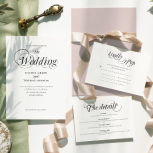 Romantic Calligraphy Black White Wedding All In One Invitation