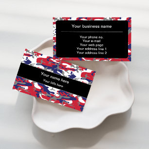 Camouflage, Blue White Red Gray, Military, Army Business Card