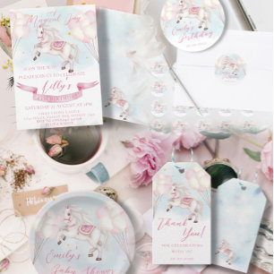 Fairytale Pony Stars Pink Balloons Baby Shower Invitation