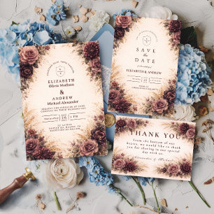 Moody Burgundy Floral Autumn Wedding Thank You Card