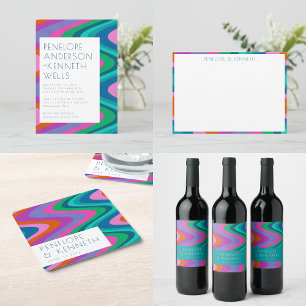 Groovy Colorful Curvy Lines Unique Retro Wedding Invitation