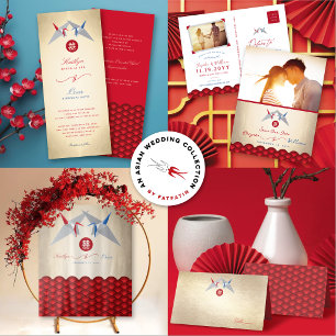 Red/Blue Paper Cranes Origami 囍 Chinese Wedding Invitation