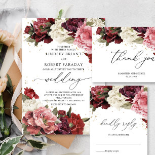 Boho Blush burgundy mauve roses peonies flowers  Invitation