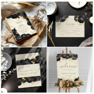 Watercolor Gold Black Roses Save the Date Invitation
