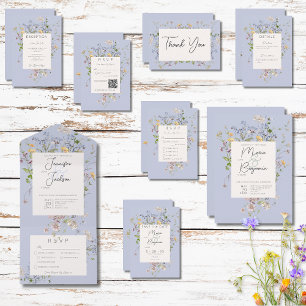 Delicate Boho Wildflowers Periwinkle QR Code All In One Invitation