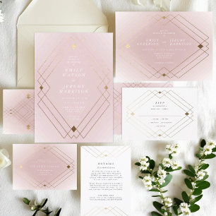 Gold Diamond Pink Geometric Deco Gatsby Wedding RSVP Card