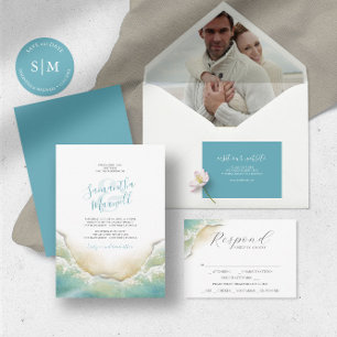 Tropical Blue Watercolor Shoreline Wedding Invitat Invitation