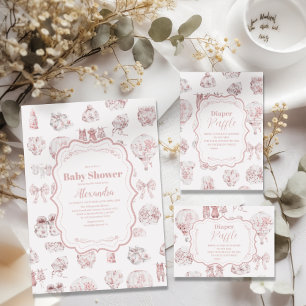 Pink Clothes Toile De Jouy Baby Shower Invitation