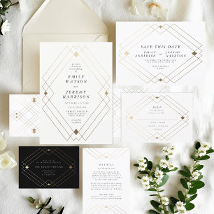 Gold Diamond White Geometric Deco Gatsby Wedding Invitation