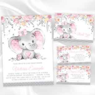 Girl Pink Gray Elephant Diamond Baby Shower Invitation