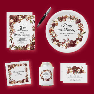 Burgundy Red Mauve Fall Flowers 30th Birthday Paper Plates