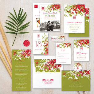 Red & Jade Green Bamboo Leaves Shuang Xi Wedding Table Number