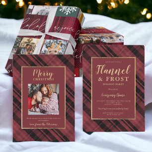 Rustic Plaid Red Gold Merry Christmas 2 Photos Holiday Card