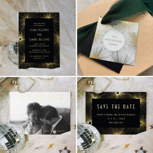 Modern Deco Black Wedding Gold Foil Invitation