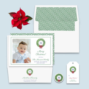 Festive Monogram Greenery Wreath With Red Bow Classic Round Sticker