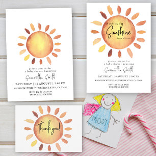 Watercolor Happy Yellow Sunshine Baby Shower Invitation