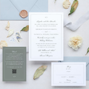 Frame Classic Monogram Sage Gray White Wedding Invitation