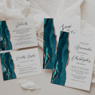 Agate Teal Rose Gold Script Wedding Invitation