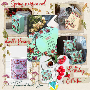 SPRING UNIQUE RED DOODLE FLOWERS BIRTHDAY  PAPER COASTER