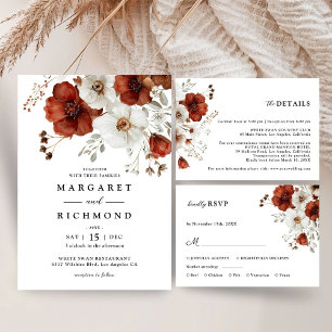Red & White Rustic Watercolor Floral Wedding Table Number