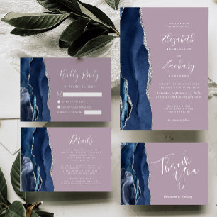 Modern Navy Blue Silver Agate Mauve Wedding Invitation