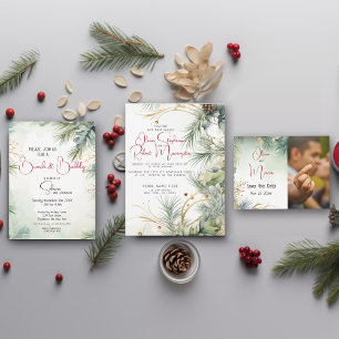 Wedding   Watercolor Pine Mistletoe and Berries Invitation