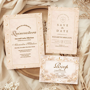 Celestial Gold Moon Quinceañera Save The Date